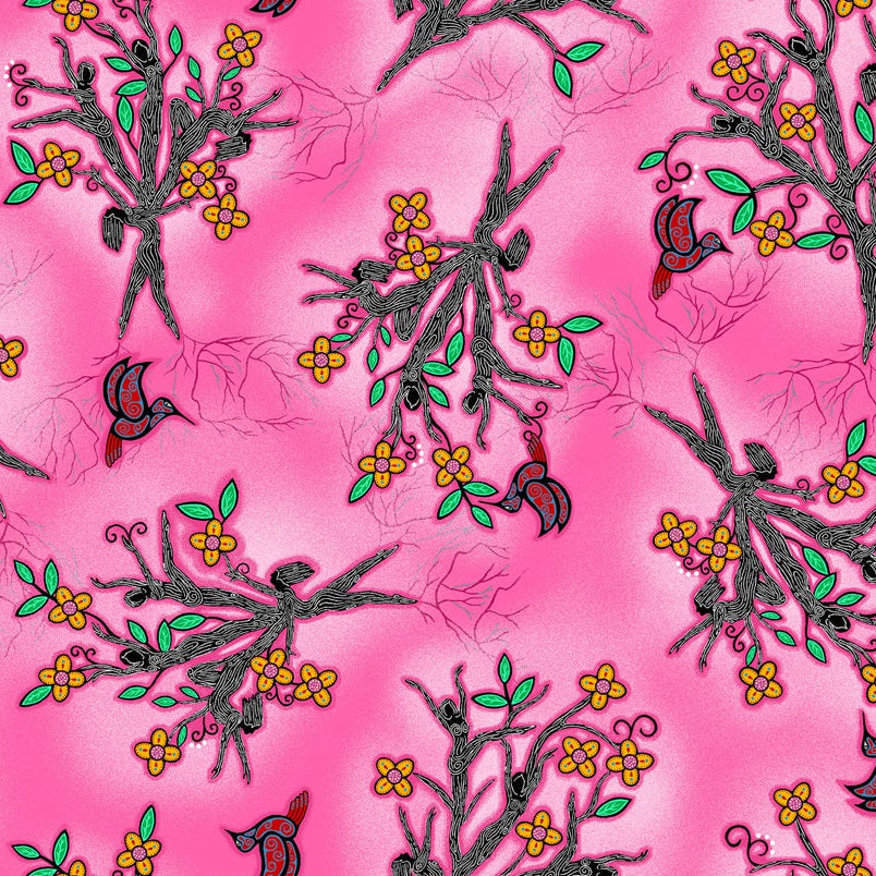 Indigenous floral fabric Keep Us Together featuring a tree design in Pink by Loretta Gould, pattern LG-0007M, perfect for quilting, clothing, crafts, and home décor. Available in the USA at First Trend Fabrics