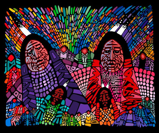 Native-themed fabric design 'Wisdom, an Elder Couple' by Cree artist Jerry Whitehead, exclusively available at First Trend Fabrics for wholesale across the USA. Panel Black