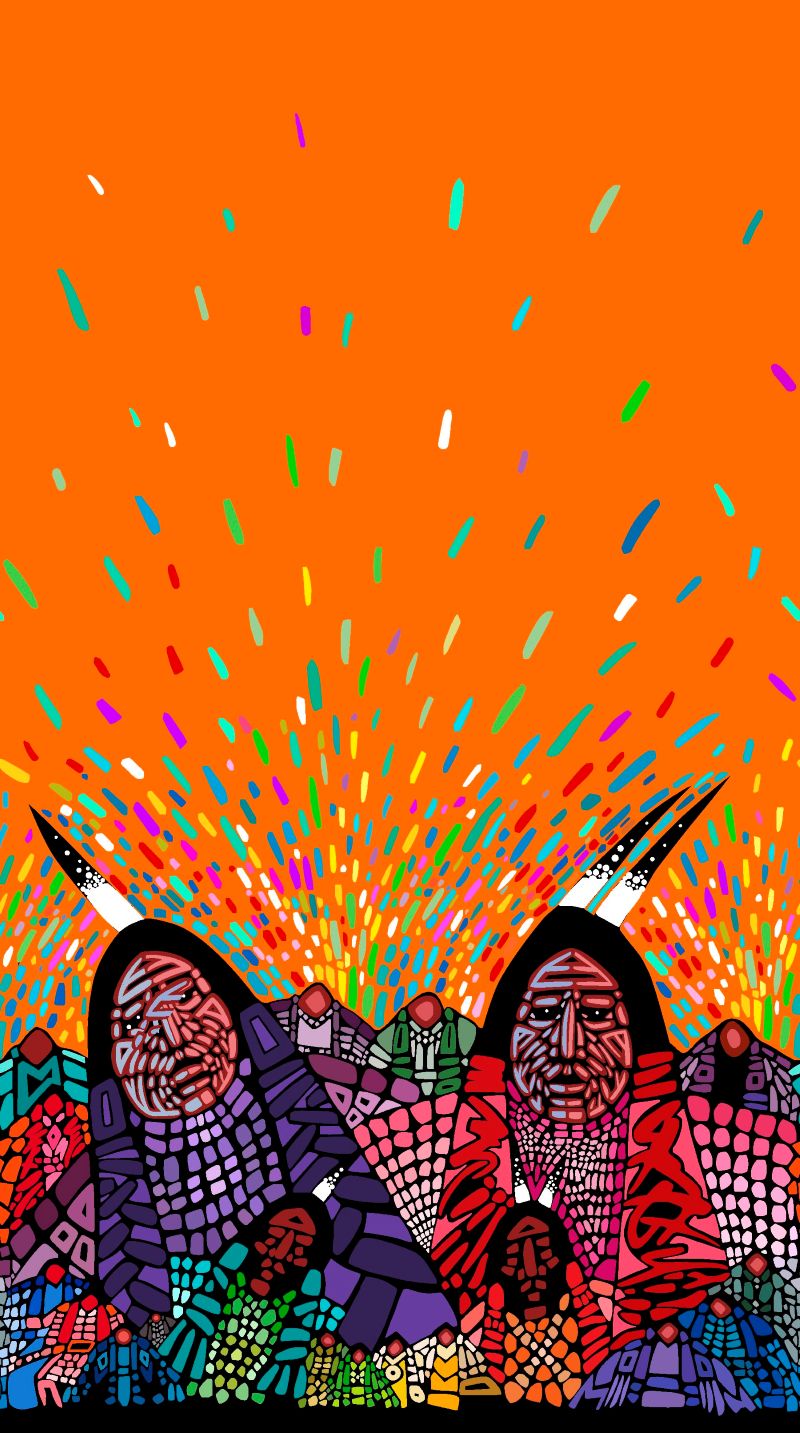 Native-themed fabric design 'Wisdom, an Elder Couple' by Cree artist Jerry Whitehead, exclusively available at First Trend Fabrics for wholesale across the USA. Single Border orange. 