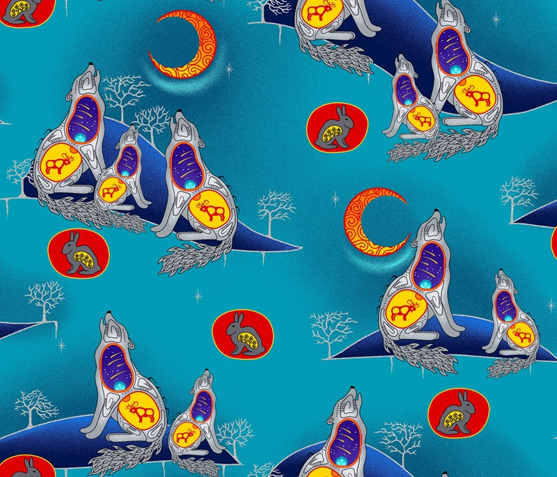 Explore vibrant Indigenous wolf fabric that showcases their culture and heritage, perfect for quilting and crafts.