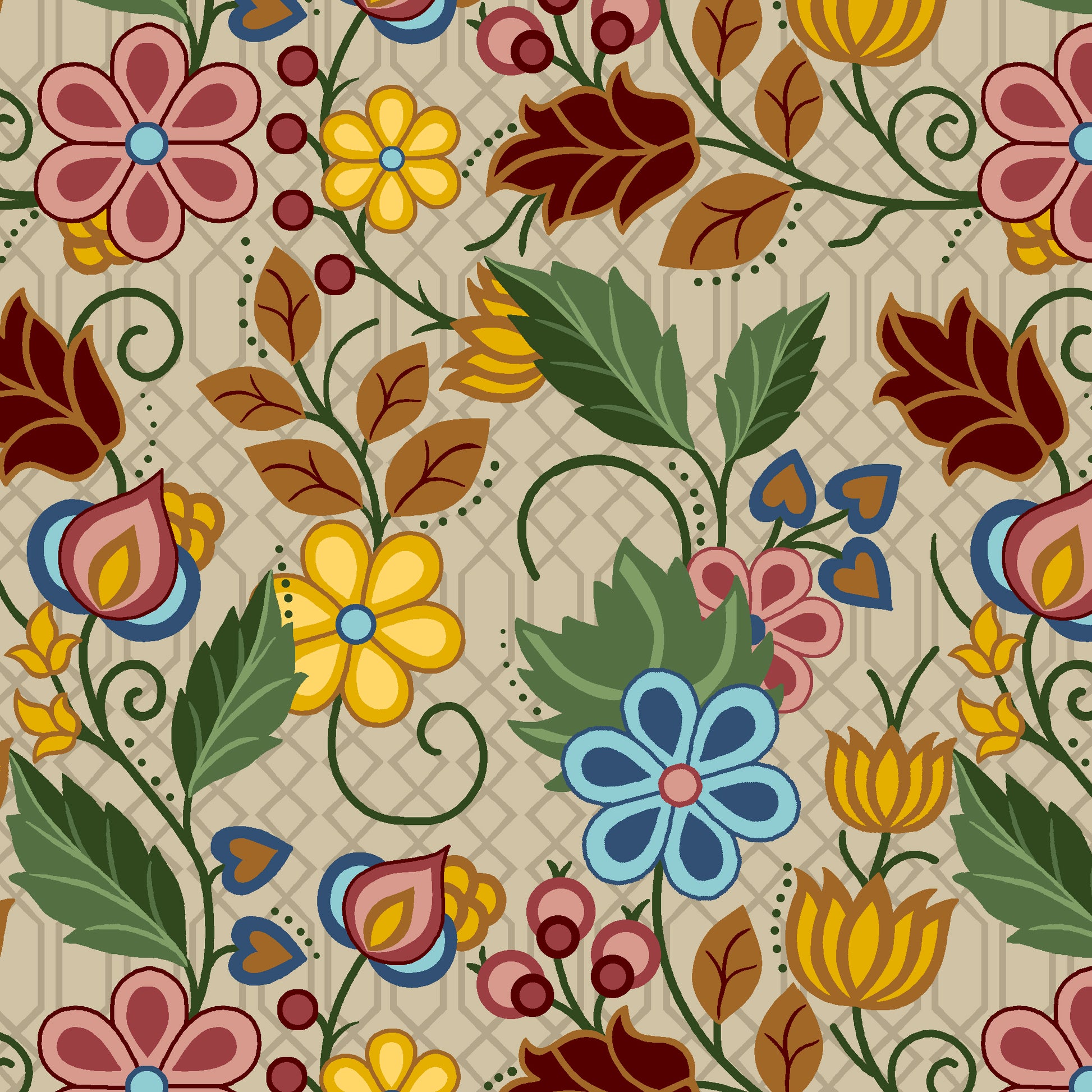 Lt Khaki satin floral fabric with intricate Indigenous-inspired patterns, ideal for luxury clothing, cultural crafts, and home décor. Product code SGS-0004-Khaki