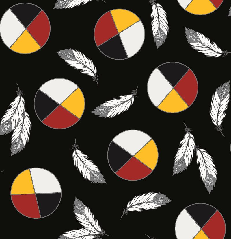 7 Grandfathers is an Indigenous-inspired fabric in the 7 grandfathers teachings by Jessica Somers now available across the USA at First Trend Fabrics for wholesale. Medicine Wheel black allover