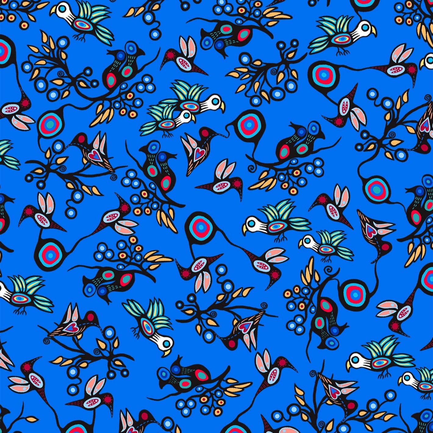 Indigenous fabric with birds designs by Cody James Houle, printed on cotton by First Trend Fabrics. Collection: Grand River Harmony