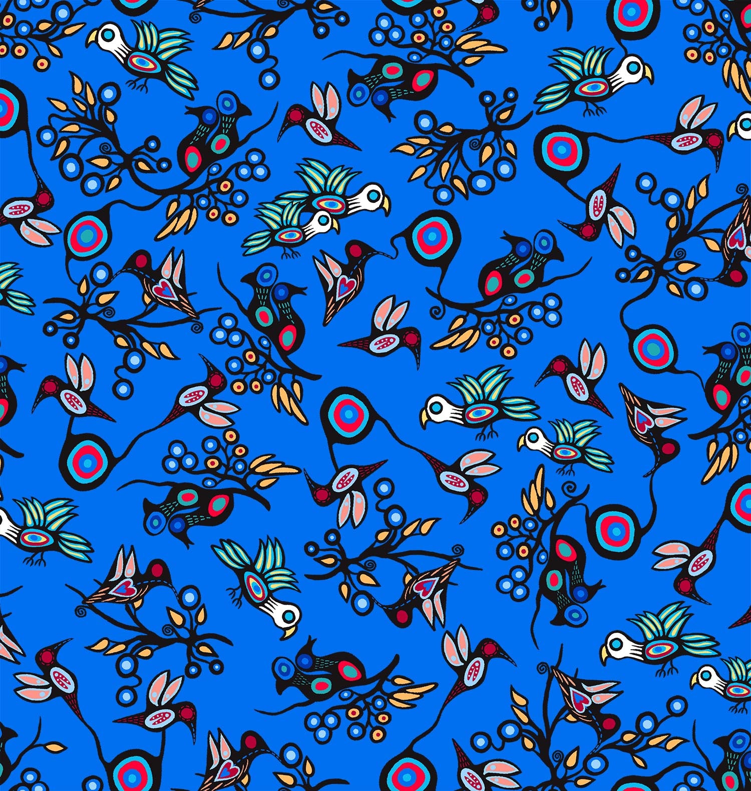 Indigenous fabric with birds designs by Cody James Houle, printed on cotton by First Trend Fabrics. Collection: Grand River Harmony