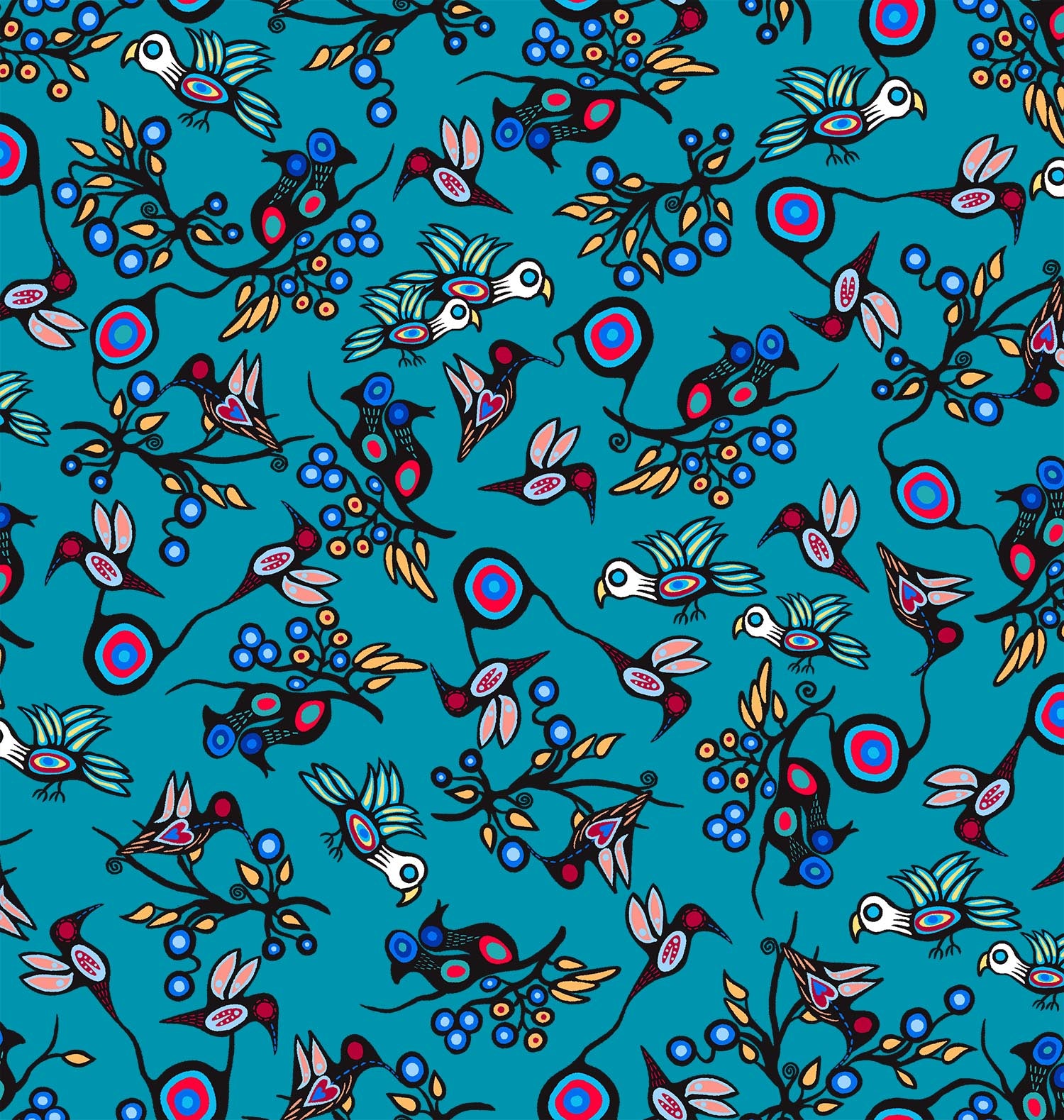 Indigenous fabric with birds designs by Cody James Houle, printed on cotton by First Trend Fabrics. Collection: Grand River Harmony