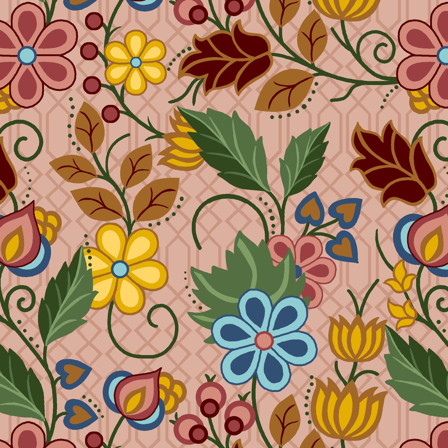 Pink satin floral fabric with intricate Indigenous-inspired patterns, ideal for luxury clothing, cultural crafts, and home décor. Product code SGS-0004-Pink