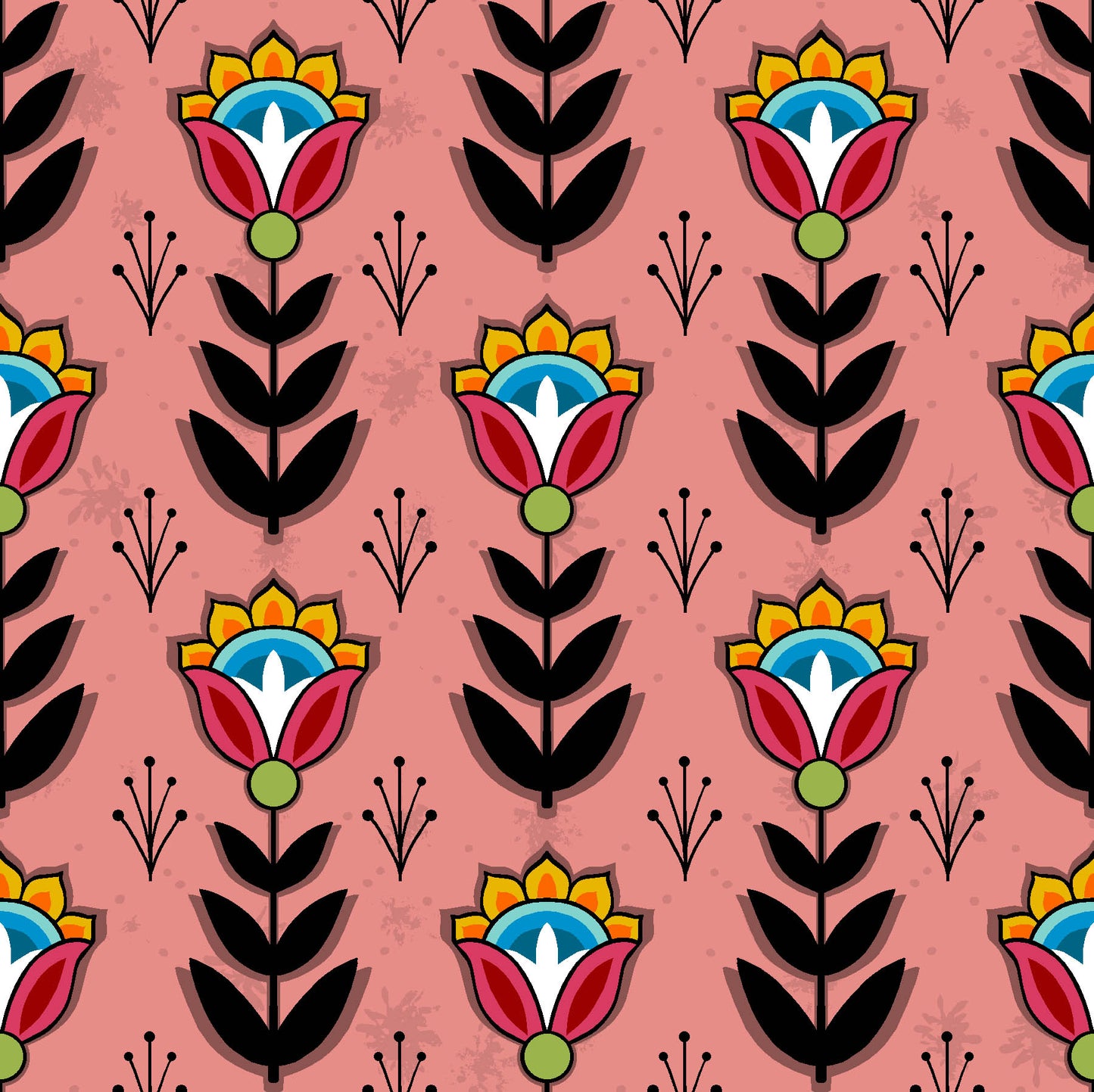 Native American floral fabric SG-0008 Coral Pink by Shannon Gustafson, available in the USA at First Trend Fabrics. Explore Shannon Gustafson's portfolio here. 