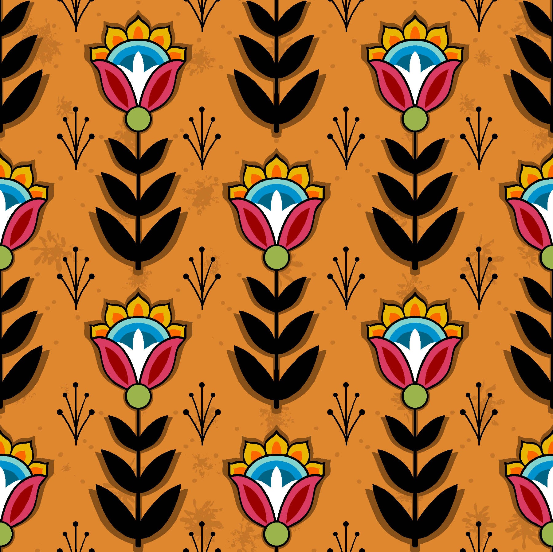 Native American floral fabric SG-0008 Golden Orange by Shannon Gustafson, available in the USA at First Trend Fabrics. Explore Shannon Gustafson's portfolio here. 