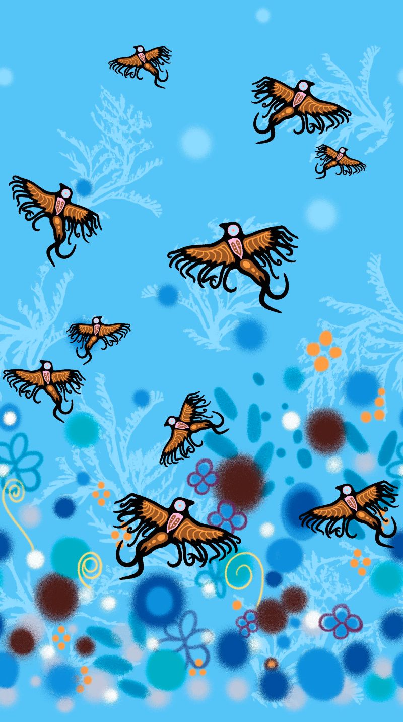 Supporting Each Other Indigenous cotton fabric by C.J. Houle featuring a blue single border with birds flying, available wholesale at First Trend Fabrics.
