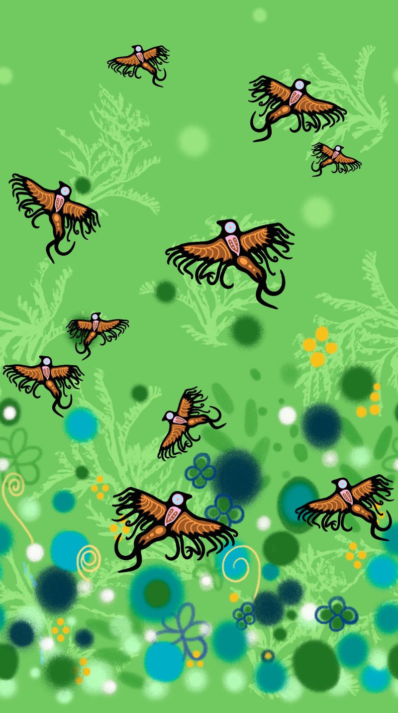 Supporting Each Other Indigenous cotton fabric by C.J. Houle featuring a green single border with birds flying, available wholesale at First Trend Fabrics.