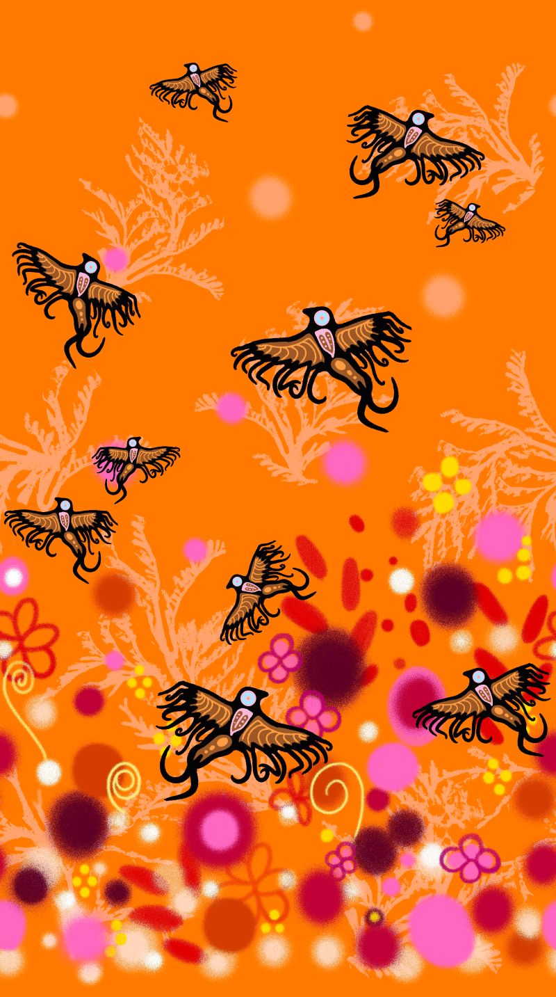 Supporting Each Other Indigenous cotton fabric by C.J. Houle featuring an orange single border with birds flying, available wholesale at First Trend Fabrics.