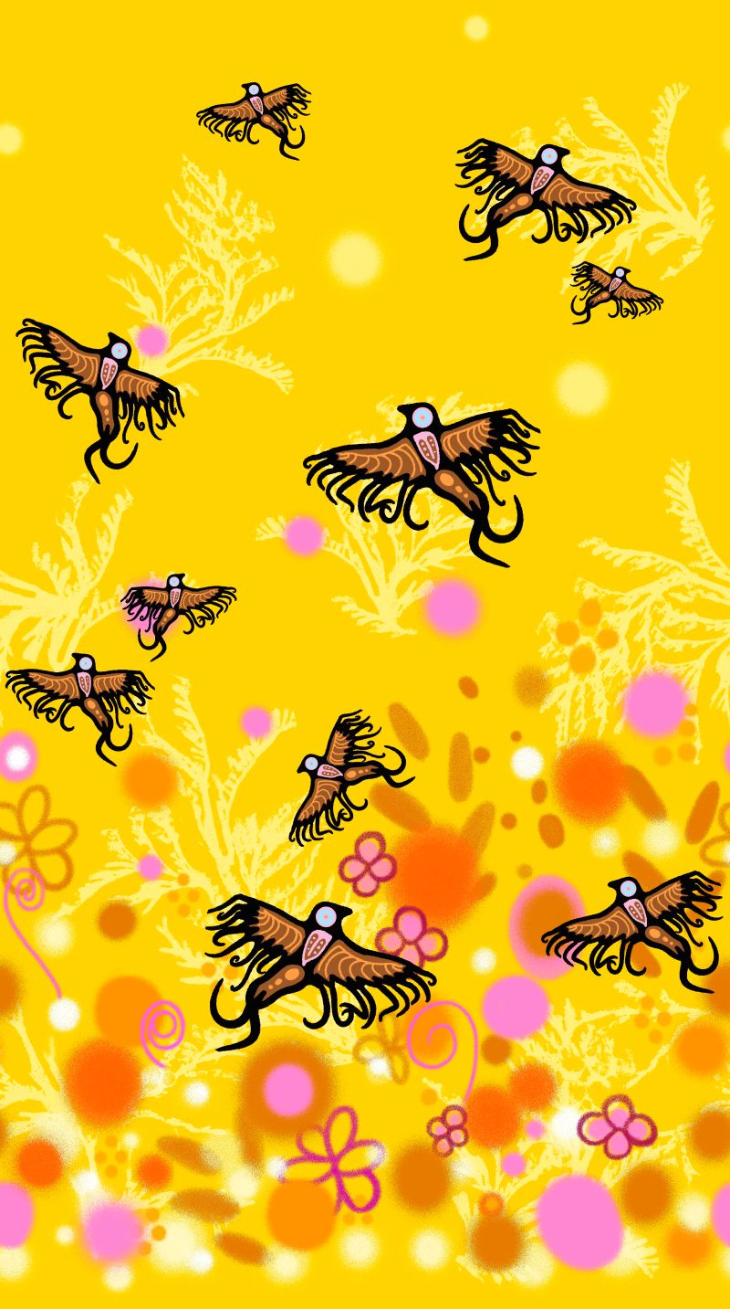 Supporting Each Other Indigenous cotton fabric by C.J. Houle featuring a yellow single border with birds flying, available wholesale at First Trend Fabrics.