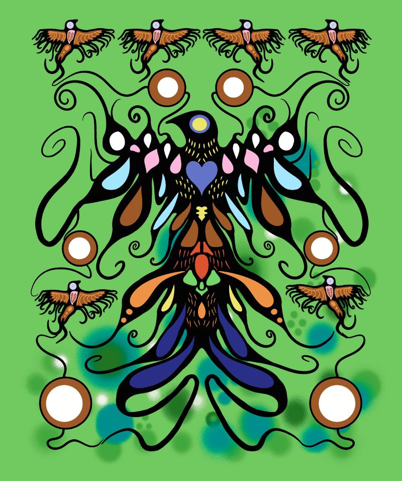 Supporting Each Other Indigenous cotton fabric by C.J. Houle featuring a green thunderbird panel, available wholesale at First Trend Fabrics.