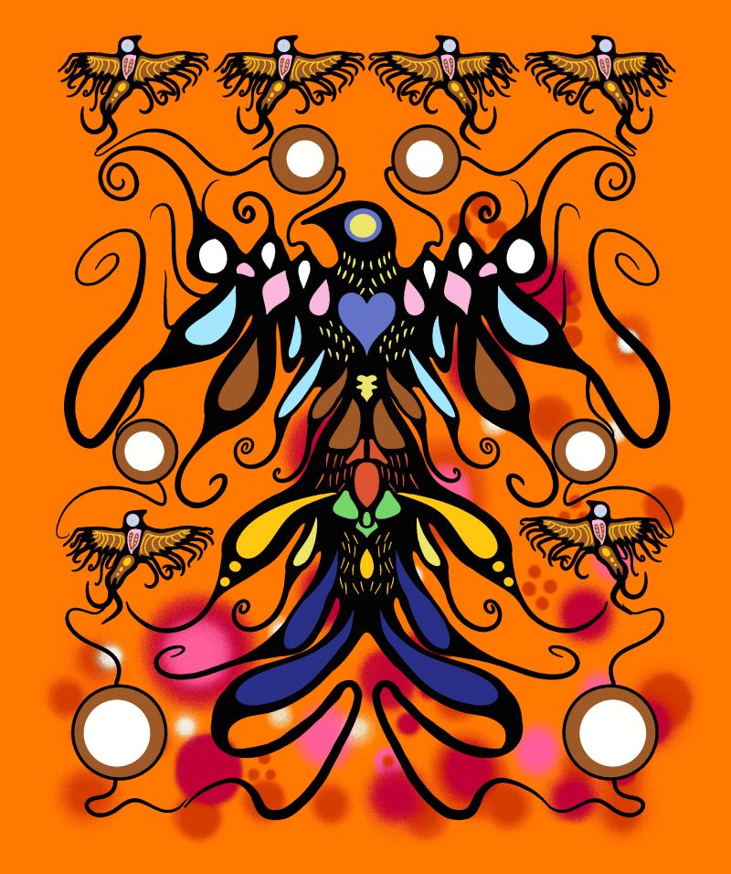 Supporting Each Other Indigenous cotton fabric by C.J. Houle featuring an orange thunderbird panel, available wholesale at First Trend Fabrics.