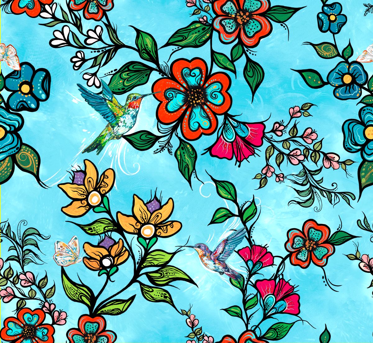 Tranquility_Indigenous_fabric_design_ by_Carla Joseph_panel_digital_print_orange_CAJ-00011_D_Blue_available_for_wholesale_at_First_Trend_Fabrics_US
