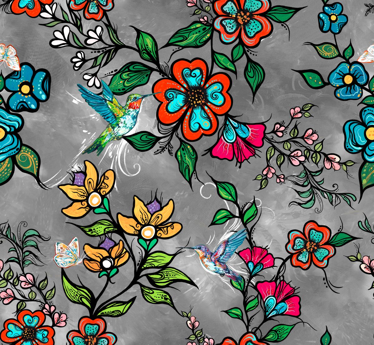 Tranquility_Indigenous_fabric_design_ by_Carla Joseph_panel_digital_print_orange_CAJ-00011_D_Dk_Grey_available_for_wholesale_at_First_Trend_Fabrics_US