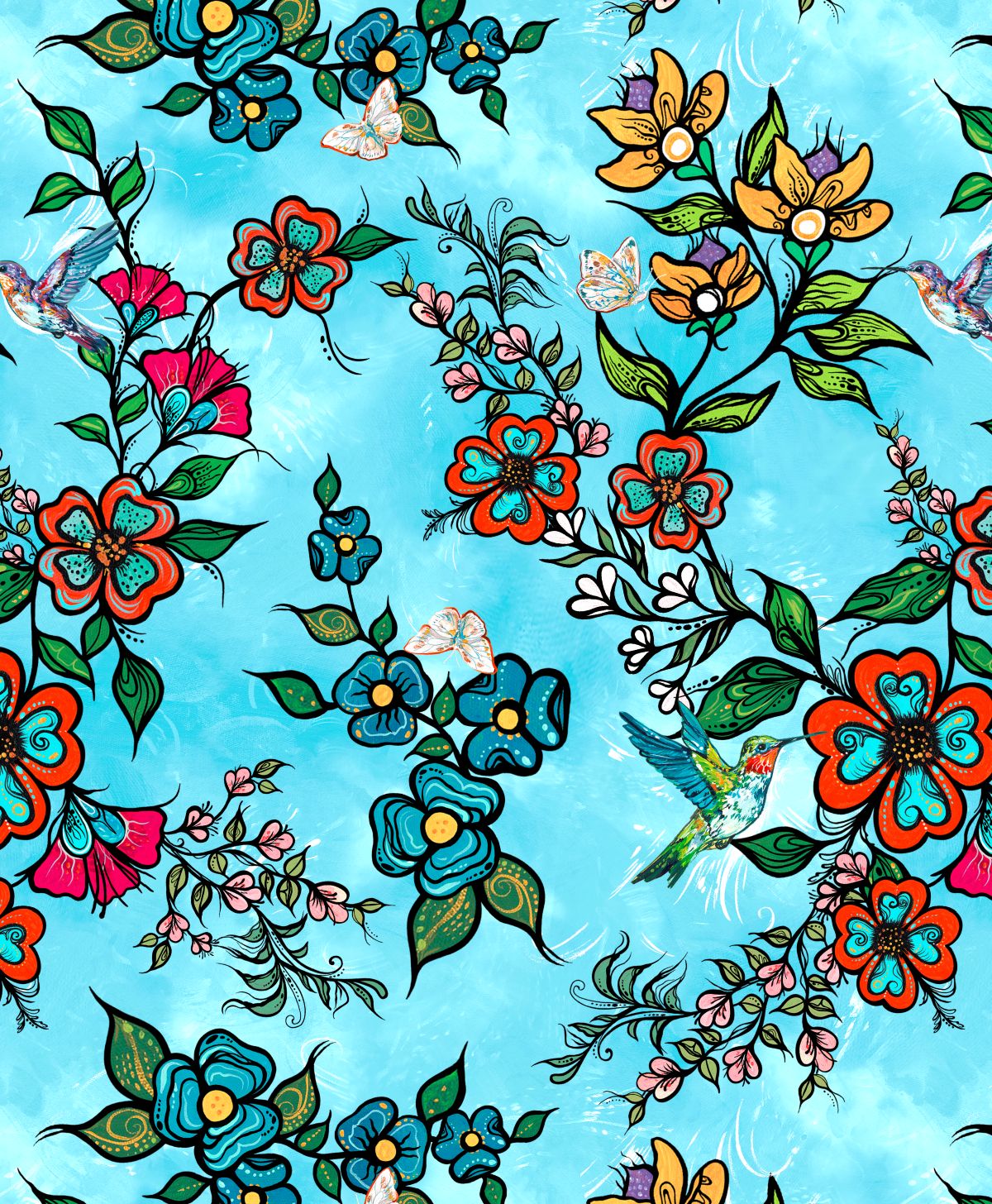 Tranquility_Indigenous_satin_flower-fabric_design_ by_Carla Joseph_CAJ-00011S - Blue_available_for_wholesale_at_First_Trend_Fabrics_US