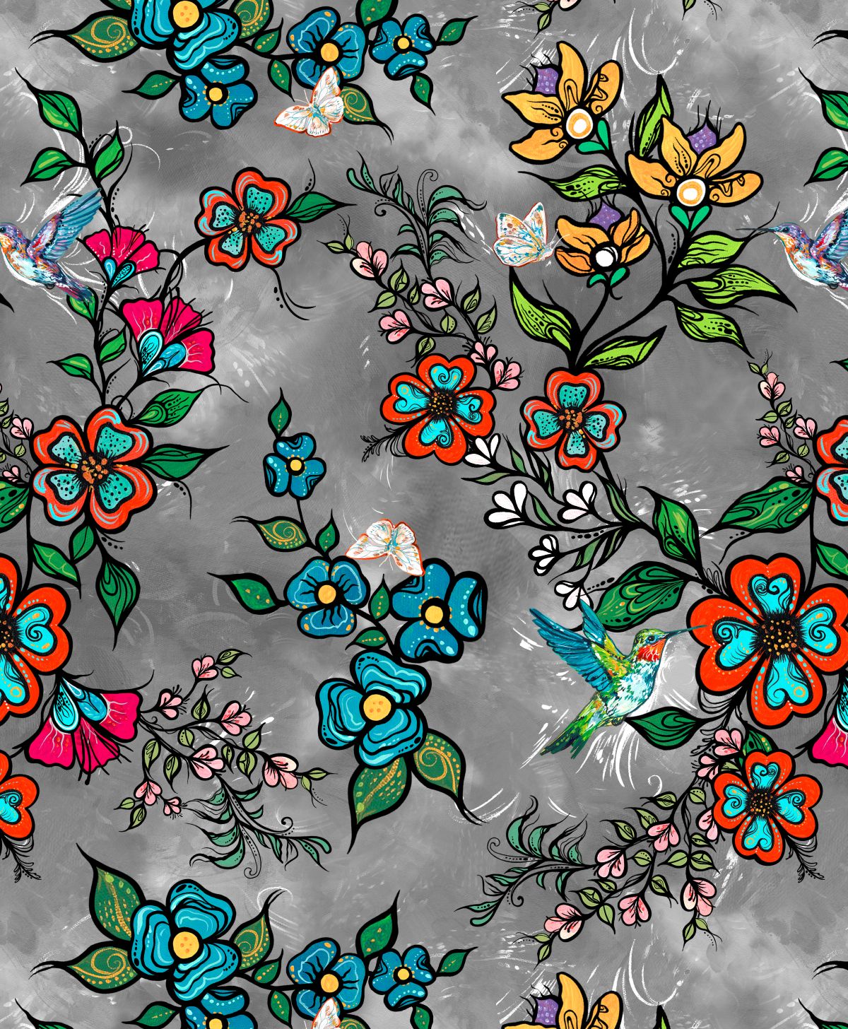 Tranquility_Indigenous_satin_flower-fabric_design_ by_Carla Joseph_CAJ-00011S -Dk_Grey_available_for_wholesale_at_First_Trend_Fabrics_US