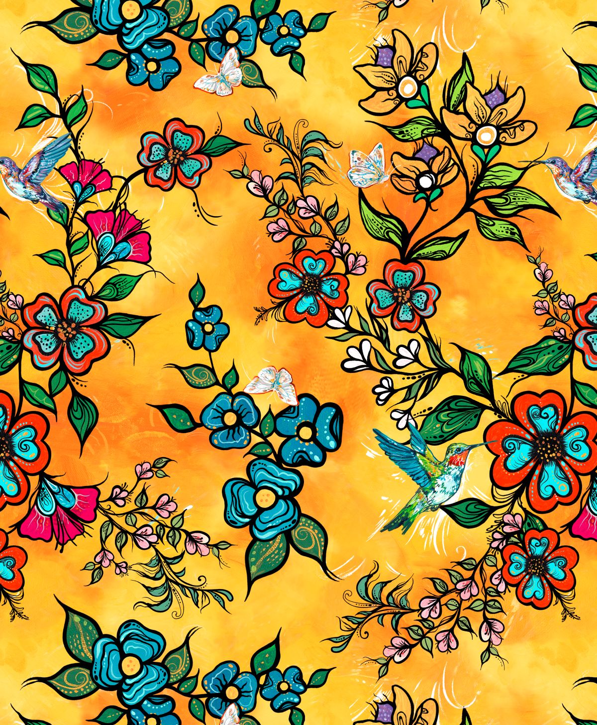 Tranquility_Indigenous_satin_flower-fabric_design_ by_Carla Joseph_CAJ-00011S - Orange_available_for_wholesale_at_First_Trend_Fabrics_US