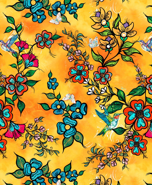 Tranquility_Indigenous_satin_flower-fabric_design_ by_Carla Joseph_CAJ-00011S - Orange_available_for_wholesale_at_First_Trend_Fabrics_US