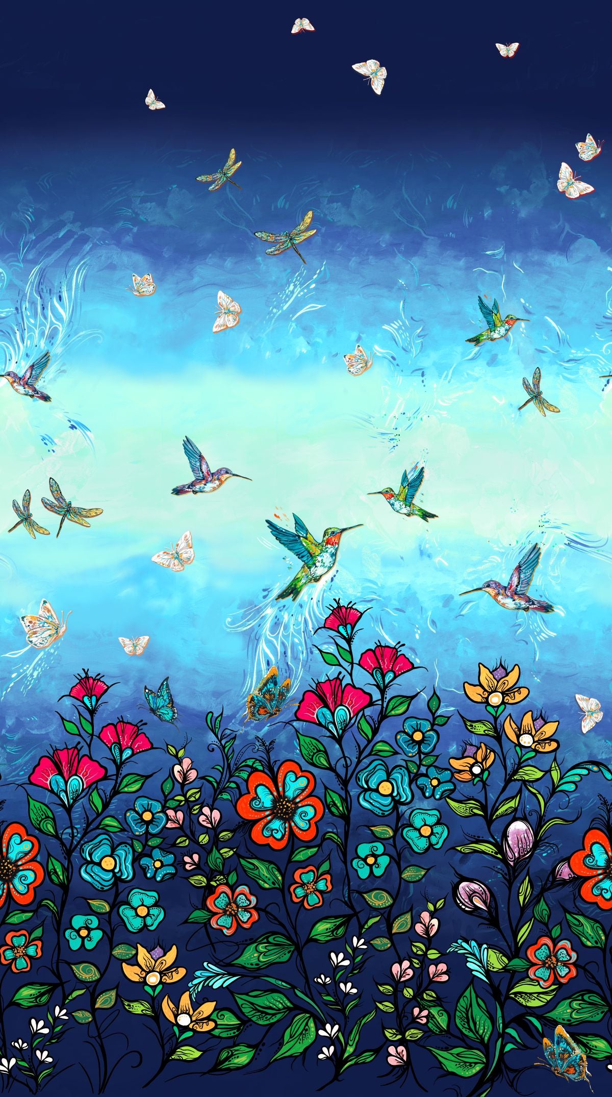 Tranquility_Indigenous_fabric_design_ by_Carla Joseph_panel_digital_print_orange_CAJ-00010_D_blue_available_for_wholesale_at_First_Trend_Fabrics_US