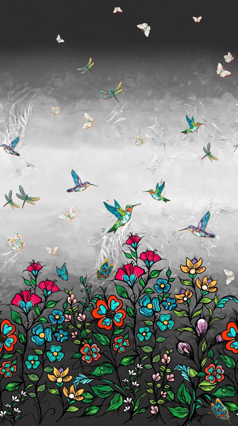 Tranquility_Indigenous_fabric_design_ by_Carla Joseph_panel_digital_print_orange_CAJ-00010_D_Dk_grey_available_for_wholesale_at_First_Trend_Fabrics_US