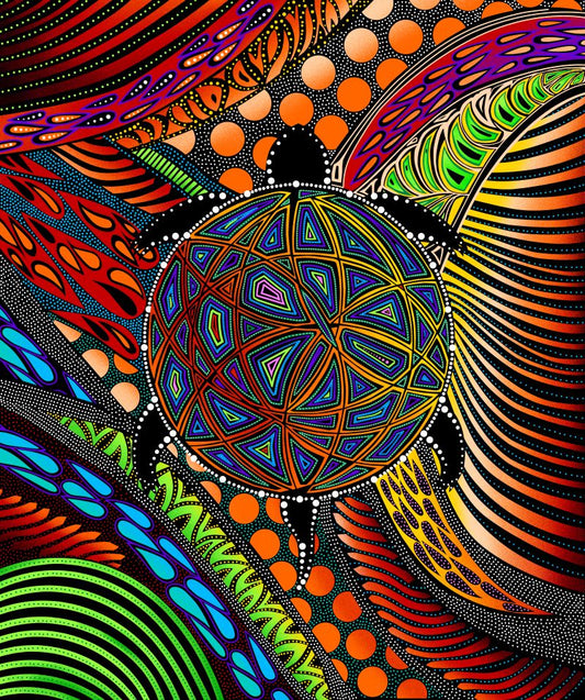 Indigenous-designed fabric panel 'Turtle' by Betty Albert, featuring vibrant multi-color artwork. Available exclusively at First Trend Fabrics for wholesale across the USA. Panel-Multi