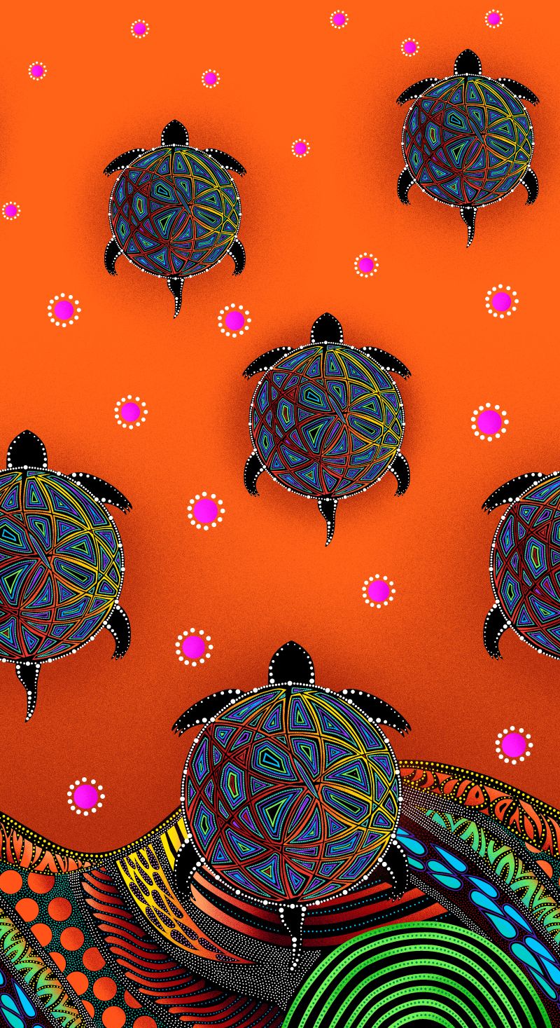 Indigenous-designed fabric panel 'Turtle' by Betty Albert, featuring vibrant multi-color artwork. Available exclusively at First Trend Fabrics for wholesale across the USA. Single Border Orange. 