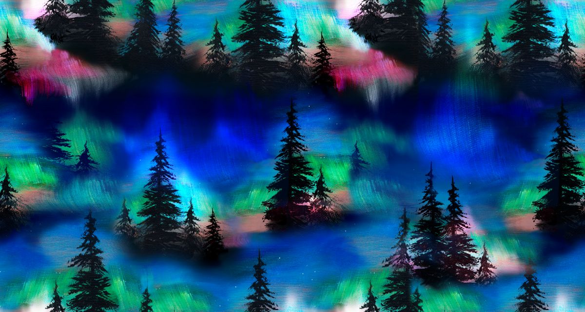 Echoes of the Moon - Native American Wolf & Northern Lights Fabric - First Trend Fabrics
