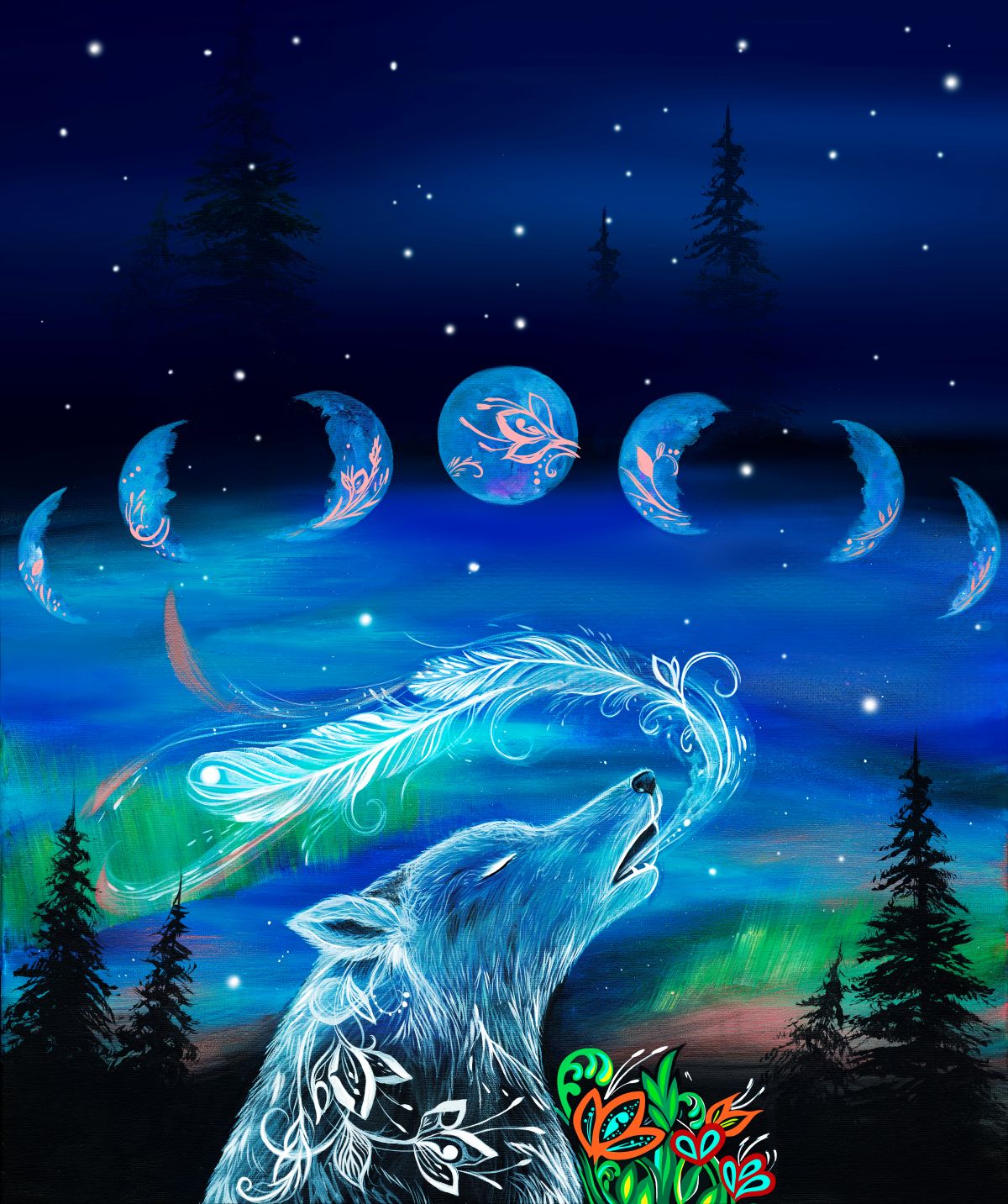 Echoes of the Moon - Native American Wolf & Northern Lights Fabric - First Trend Fabrics