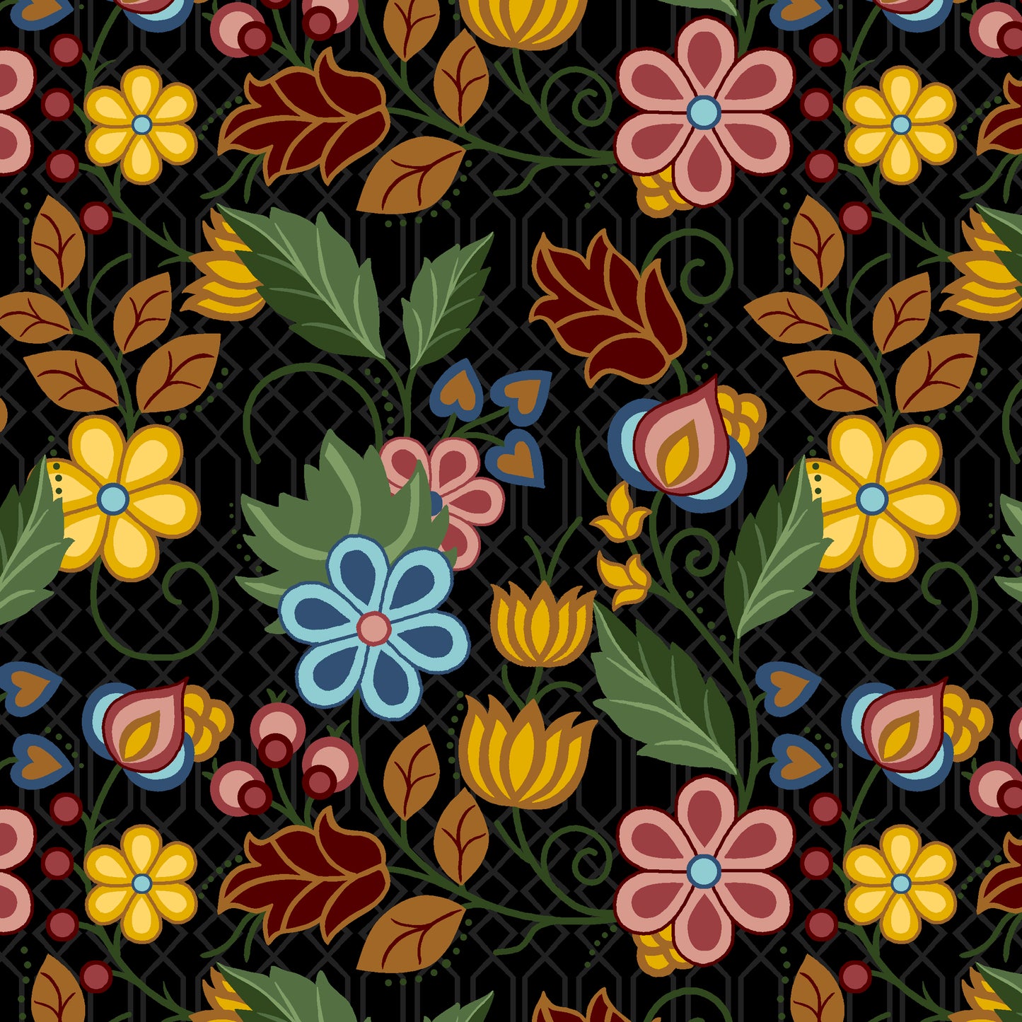 black satin floral fabric with intricate Indigenous-inspired patterns, ideal for luxury clothing, cultural crafts, and home décor. Product code SGS-0004-black