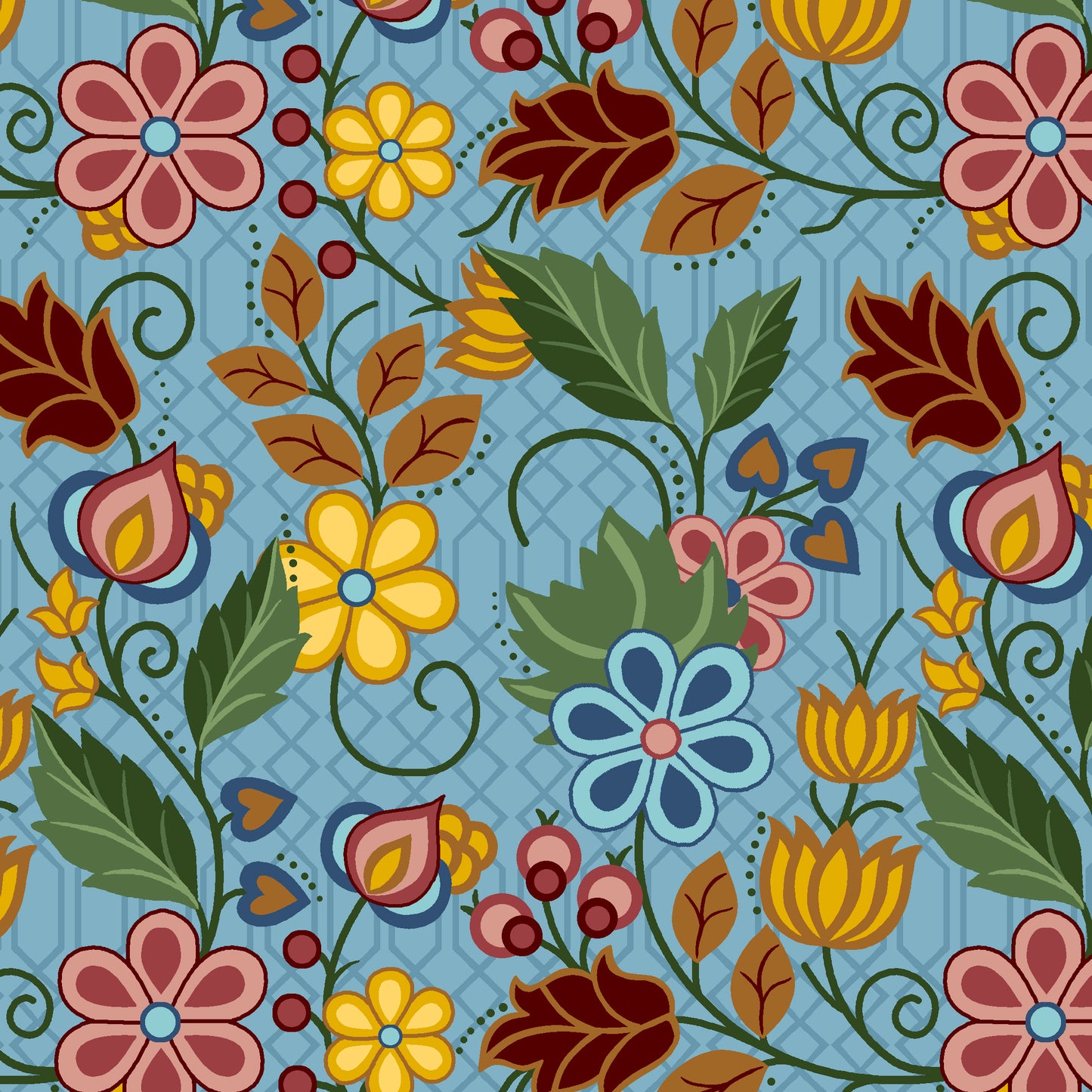 Blue satin floral fabric with intricate Indigenous-inspired patterns is ideal for luxury clothing, cultural crafts, and home décor. Product code SGS-0004-Blue