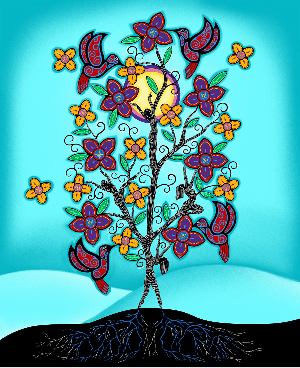 Indigenous floral fabric Keep Us Together panel in aqua by Loretta Gould, perfect for quilting, crafts, clothing, and home décor, available in the USA from First Trend Fabrics.