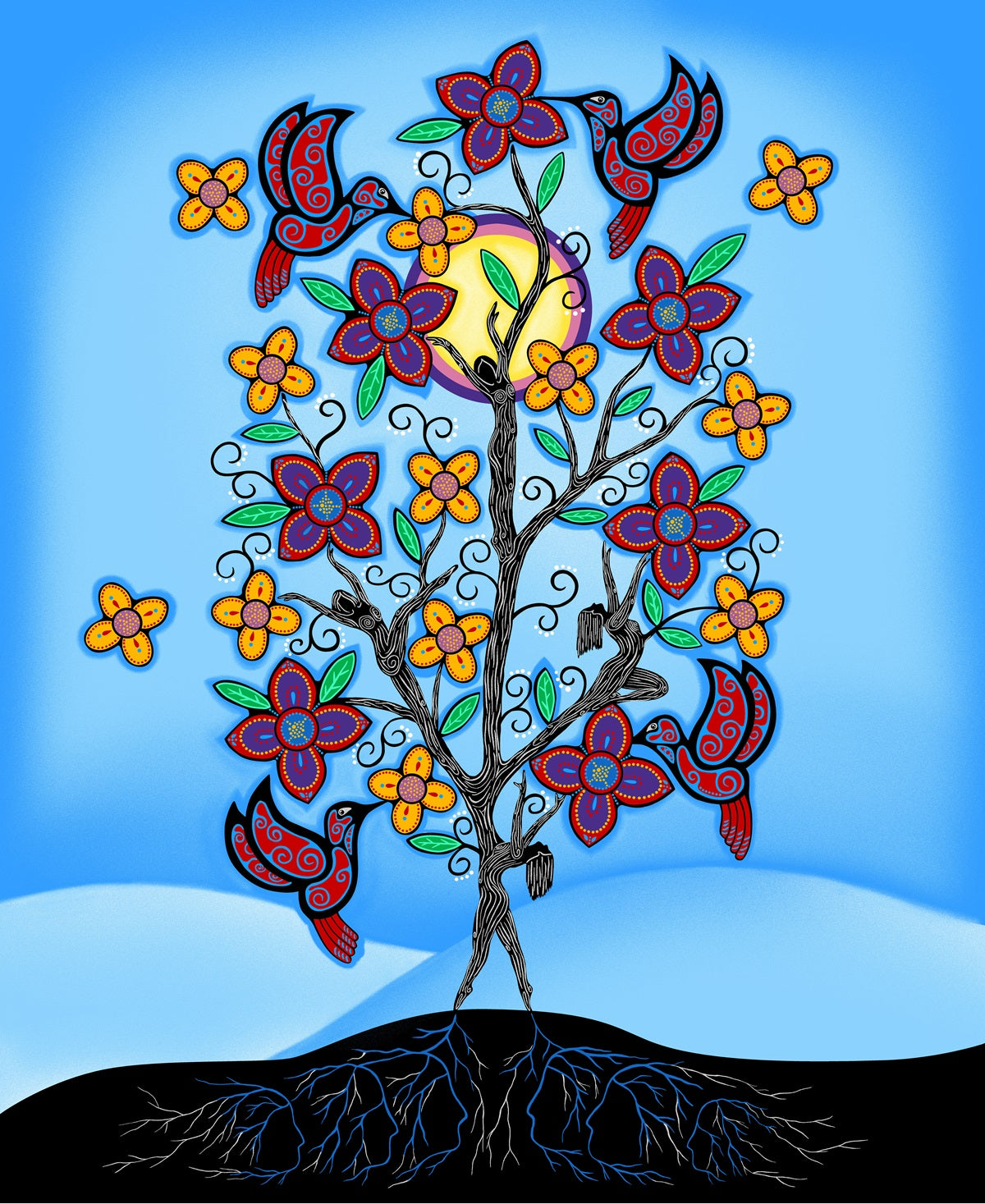 Indigenous floral fabric Keep Us Together panel in blue by Loretta Gould, perfect for quilting, crafts, clothing, and home décor, available in the USA from First Trend Fabrics.