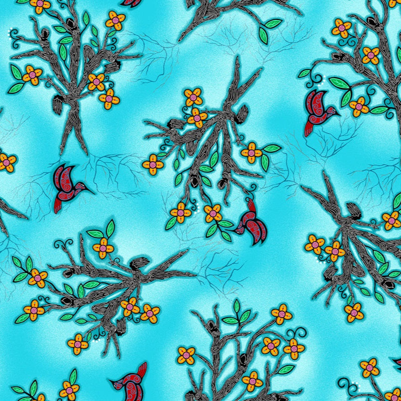 Indigenous floral fabric Keep Us Together featuring a tree design in aqua by Loretta Gould, pattern LG-0007M, perfect for quilting, clothing, crafts, and home décor. Available in the USA at First Trend Fabrics