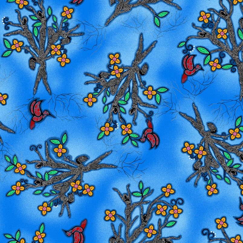 Indigenous floral fabric Keep Us Together featuring a tree design in blue by Loretta Gould, pattern LG-0007M, perfect for quilting, clothing, crafts, and home décor. Available in the USA at First Trend Fabrics