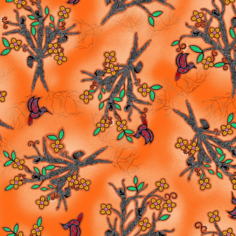 Indigenous floral fabric Keep Us Together featuring a tree design in Orange by Loretta Gould, pattern LG-0007M, perfect for quilting, clothing, crafts, and home décor. Available in the USA at First Trend Fabrics