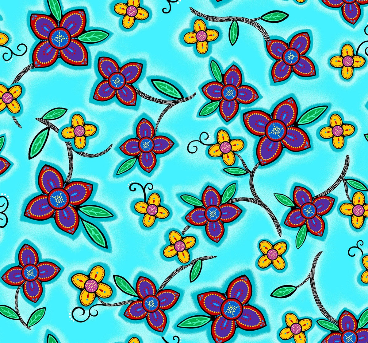 Indigenous floral fabric Keep Us Together features aqua flowers by Loretta Gould. Pattern LG-0006M-Aqua is perfect for quilting, clothing, crafts, and home décor. Available in the USA at First Trend Fabrics