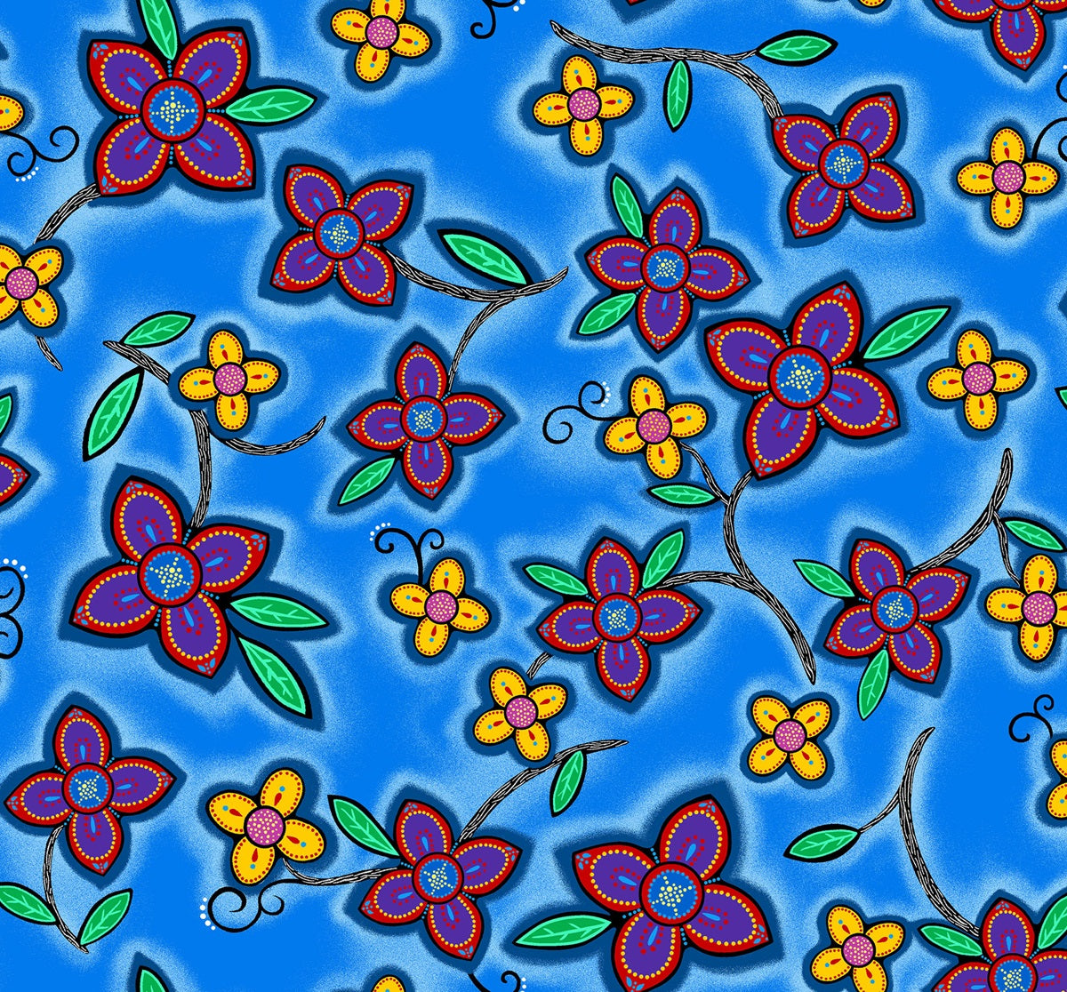 Indigenous floral fabric Keep Us Together features blue flowers by Loretta Gould. Pattern LG-0006M-Blue is perfect for quilting, clothing, crafts, and home décor. Available in the USA at First Trend Fabrics