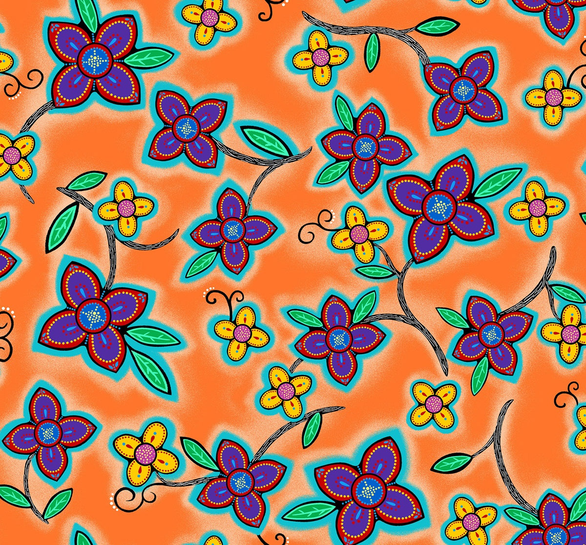 Indigenous floral fabric Keep Us Together features orange flowers by Loretta Gould. Pattern LG-0006M-Orange is perfect for quilting, clothing, crafts, and home décor. Available in the USA at First Trend Fabrics