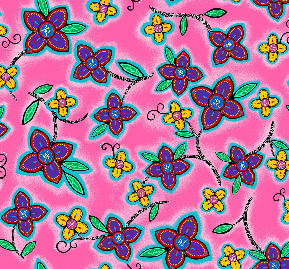 Indigenous floral fabric Keep Us Together features pink flowers by Loretta Gould. Pattern LG-0006M-Pink is perfect for quilting, clothing, crafts, and home décor. Available in the USA at First Trend Fabrics