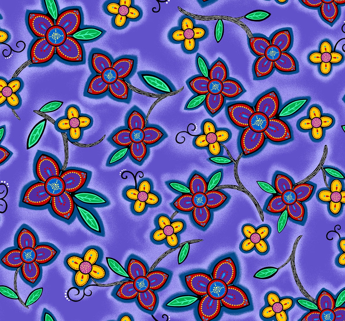 Indigenous floral fabric Keep Us Together features purple flowers by Loretta Gould. Pattern LG-0006M-Purple is perfect for quilting, clothing, crafts, and home décor. Available in the USA at First Trend Fabrics