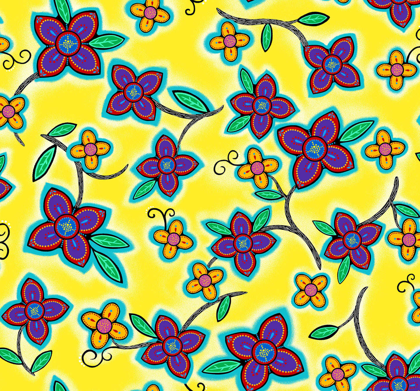 Indigenous floral fabric Keep Us Together features yellow flowers by Loretta Gould. Pattern LG-0006M-Yellow is perfect for quilting, clothing, crafts, and home décor. Available in the USA at First Trend Fabrics