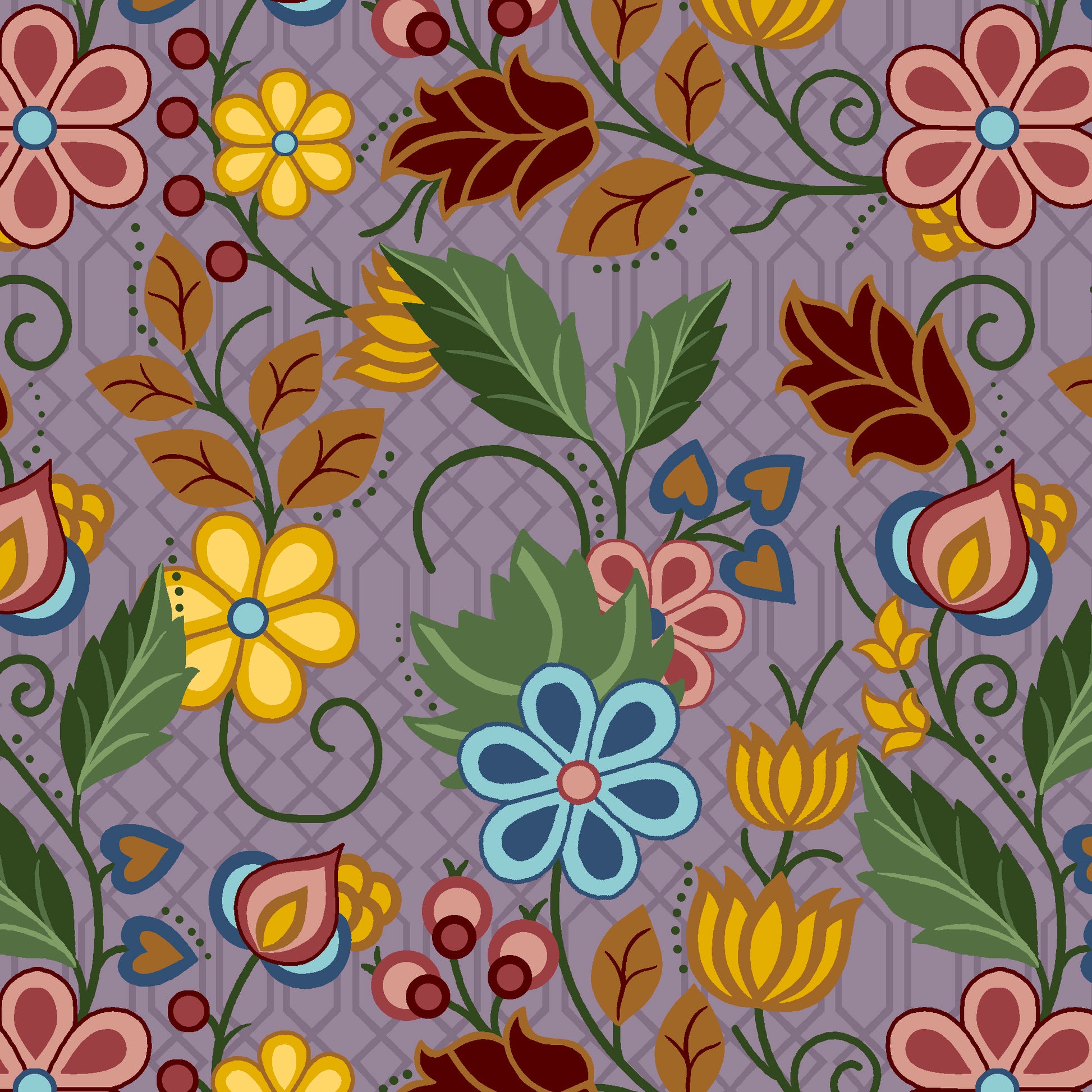 Purple satin floral fabric with intricate Indigenous-inspired patterns, ideal for luxury clothing, cultural crafts, and home décor. Product code SGS-0004-Purple