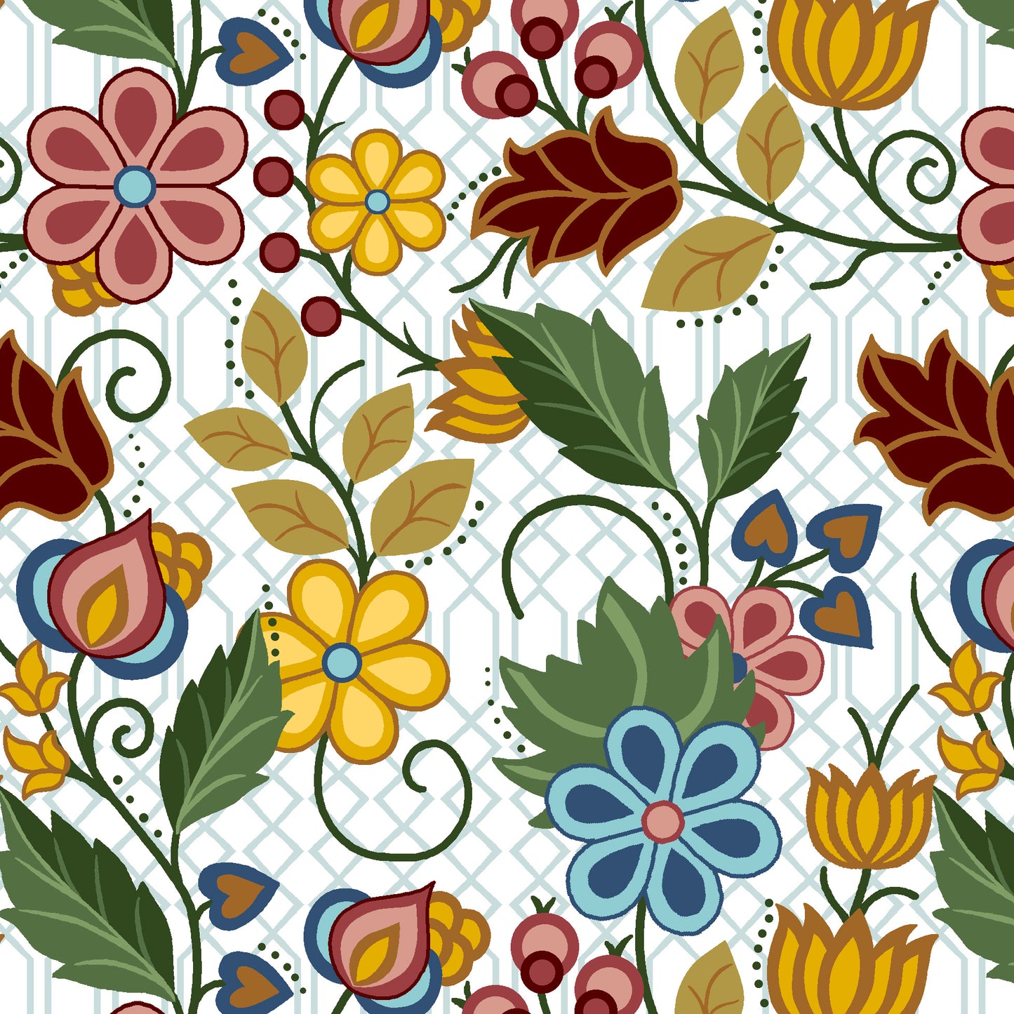 White satin floral fabric with intricate Indigenous-inspired patterns, ideal for luxury clothing, cultural crafts, and home décor. Product code SGS-0004-white
