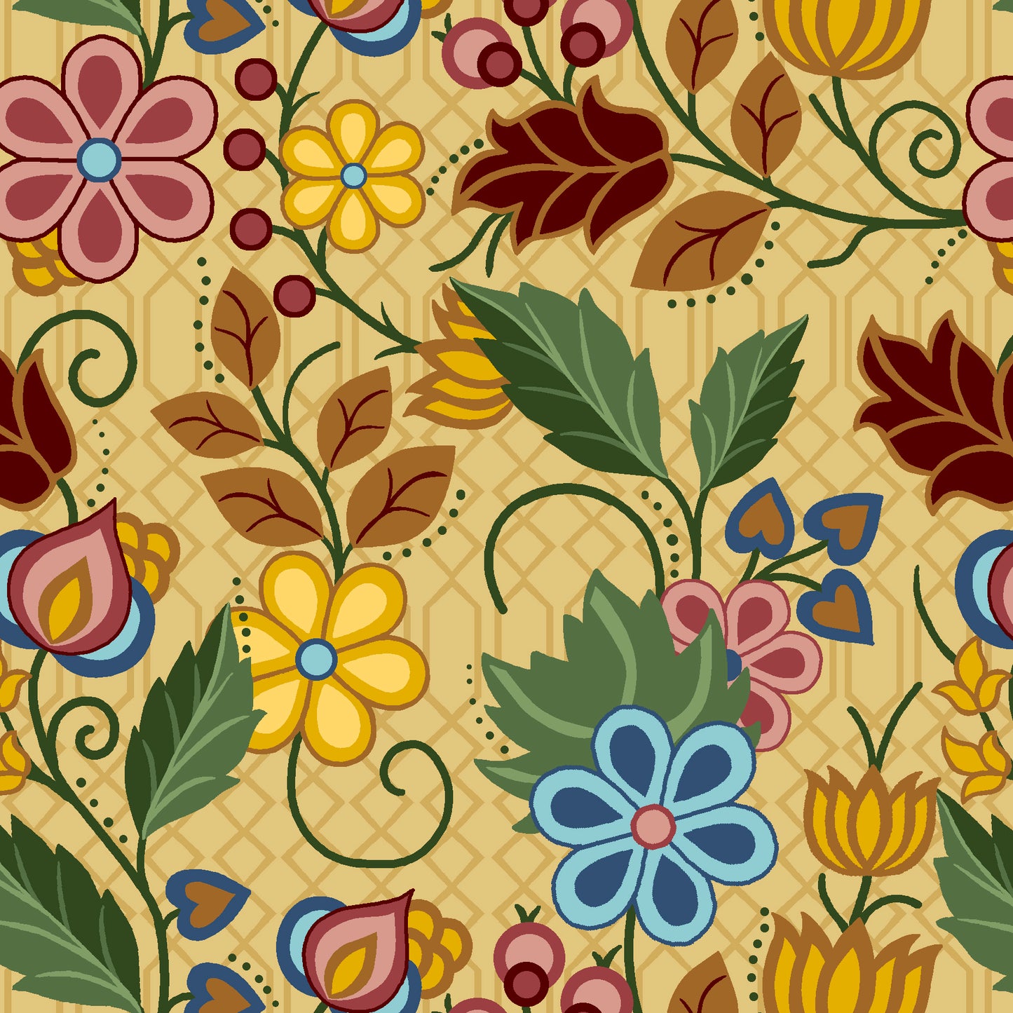 yellow satin floral fabric with intricate Indigenous-inspired patterns, ideal for luxury clothing, cultural crafts, and home décor. Product code SGS-0004-Yellow